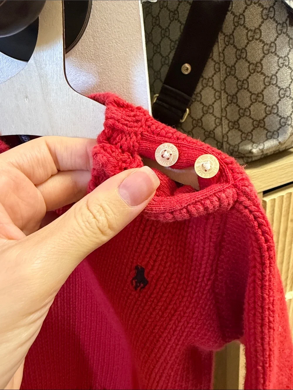 Ralph Lauren Bright Red Crewneck Sweater with Navy Polo Pony. 18m very good